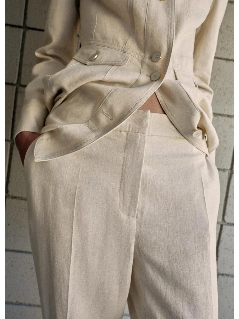 Zara SLIM FIT Cream Straight-Leg Linen Blend Trousers